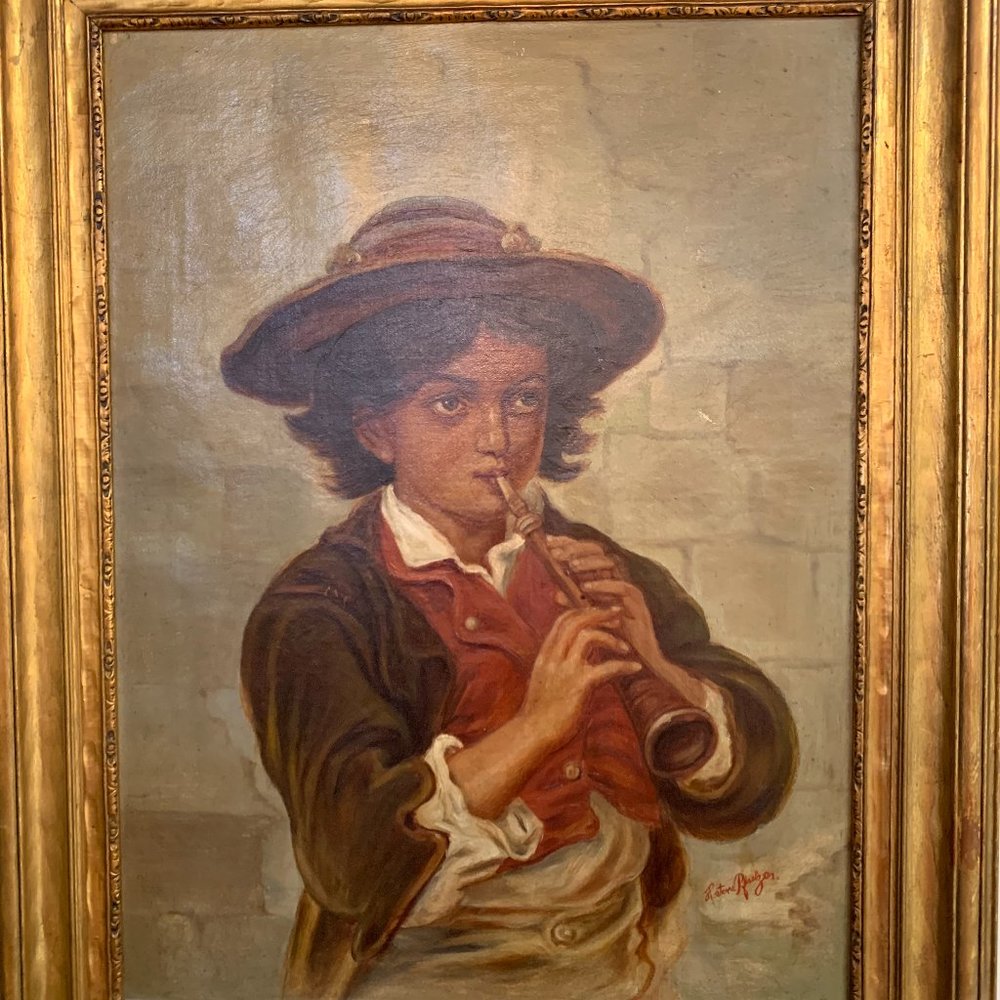 Signed Antique Painting, Boy with Horn 25 x31